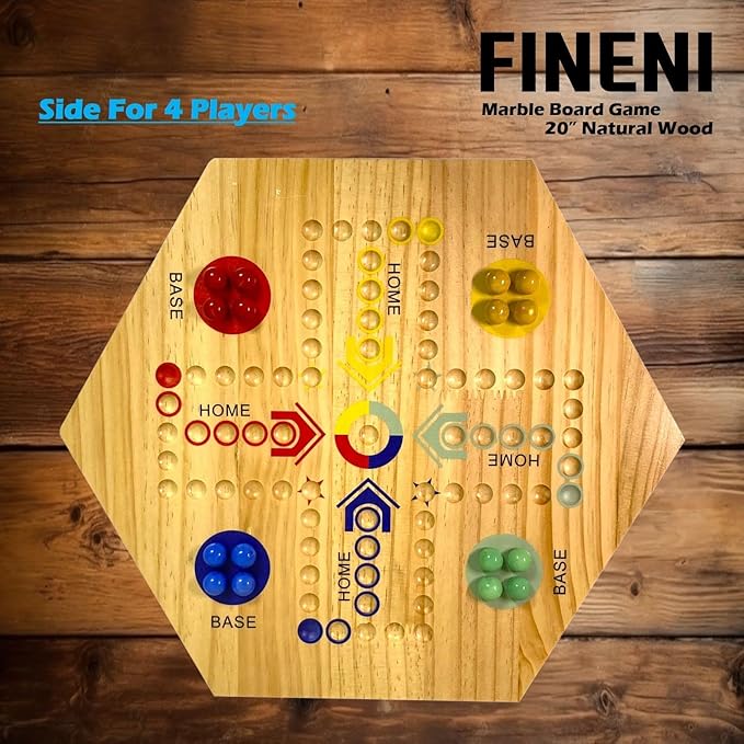 Wooden Board Games Marble Board Game Original with Dual Sides Fast Track Games for 2 to 6 Players Double Side Marble Boards 6 Colors 30 Marbles and 6 Color 6 Dice Pouch (20 Log)