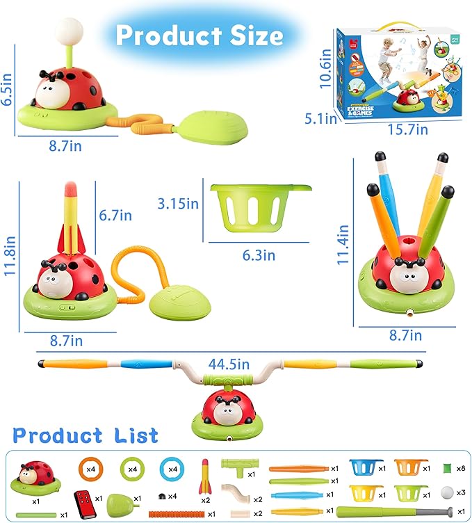 5 in 1 Musical Jump Bean Bag Toss Ring Game Baseball Toys and Stomping Launch Rocket Launcher for Kids Remote Control Indoor Outdoor Sports Toys for Kids Ages 4-8 3-5 Birthday Easter Gifts