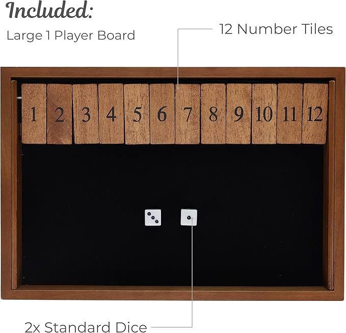 WE Games Wooden Shut The Box - Close The Box Set with 12 Number Tiles &amp 2 Dice Games - 13.5” Walnut Stained Finish