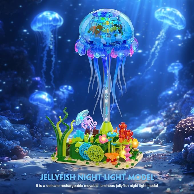 Jellyfish Building Set with LED Lights Floating Jellyfish Lamp for Home Decor Ocean Animal Collection Model with Coral &amp Seaweed Creative Display Gift for Adults Teens 14+
