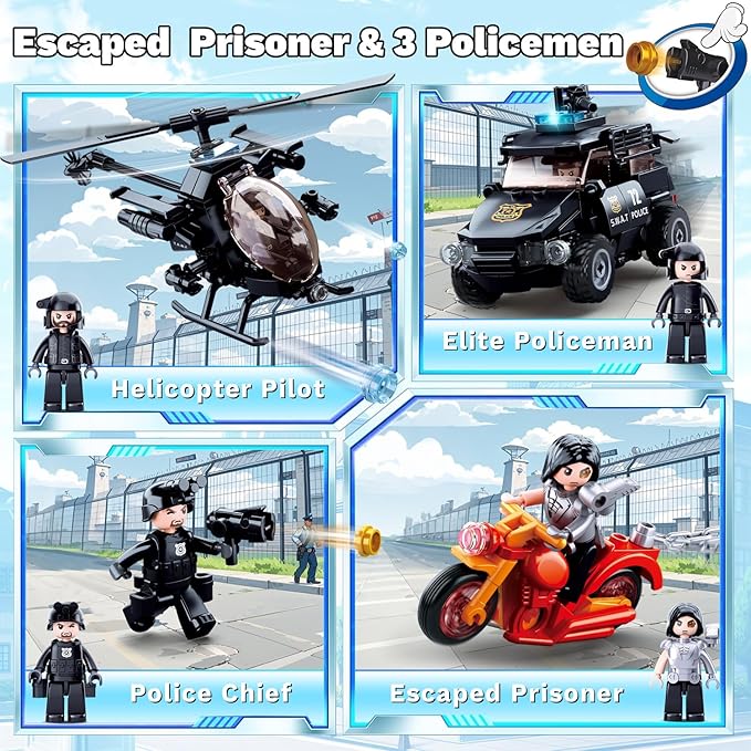 City Police Chase Building Set SWAT Police Building Kit with 4 Minifigures &amp Helicopter &amp Police Truck &amp Motorcycle Compatible with Lego City Police Station Gift for Boys Girls Aged 6+