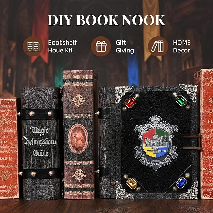 Magic Book Nook Kit - DIY Miniature House Dollhouse Kit for Adults Booknook Tiny House Bookshelf Decor 3D Wooden Puzzle Gifts for Family Friends (Magic Admissions Guide)