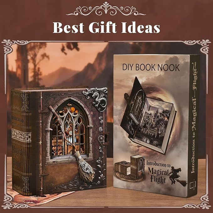 Book Nook Kit with LED Light Miniature House Kit for Birthday 3D Wooden Bookends Puzzle Bookshelf Decor for Adults Teens Beginners (Introduction to Magical Flight)