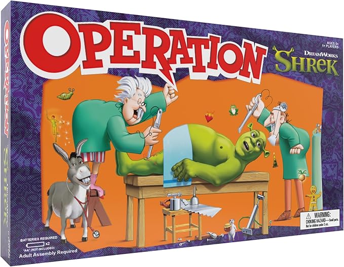 Operation: Shrek Board Game Featuring 12 Custom Shrek “Funatomy” Pieces from Pixie Bites to Pain in The Butt Donkey Classic Electronic Remove The Objects or Get The Buzzer Game Officially Licensed