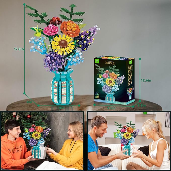 Flowers Bouquet Toys Building Blocks Set with Vase Roses Sunflower Hyacinth Hydrangea Artificial Plants for Adults Teen Girls Home Office Decor- 1853pcs