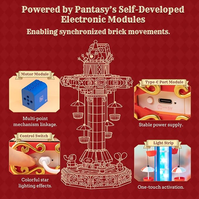 PANTASY Circus Paradrop Building Block Set Retro Carnival Display Model with LED Lights Motorized Moving Ride Colorful Star Columns Magic Box Teddy Bear Type-C Powered Interactive Adult Collector