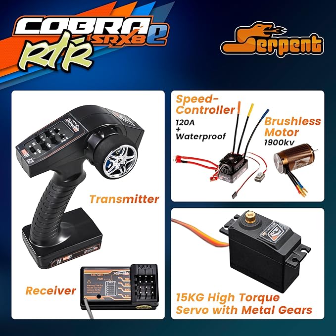 Serpent 1/8 4wd Electric Buggy RTR 4WD Off-Road Buggy High Performance Waterproof Components Competition Grade Hobby Racing Charger and Battery Excluded SRX8-E