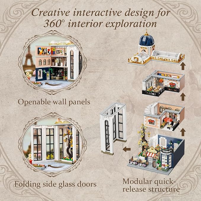 PANTASY Blossom Café Modular Building Set 3-Story European Glasshouse Landmark with Café Art Gallery &amp Floral Atrium Collectible Architecture Model Kit for Adults Creative Display Blocks