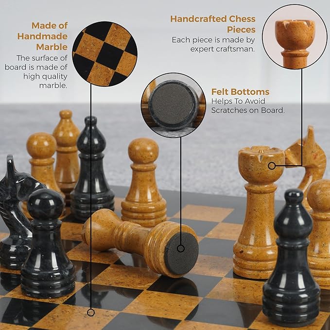 Radicaln Marble Chess Set 12 Inches Black and Golden Handmade Chess Board Adult Games - Portable Tournament Chess Set - 1 Chess Board &amp 32 Pieces - Travel Board Games