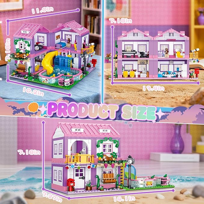 Pink Girls Summer Villa Friends Building Block Set Compatible with Lego Friends Educational 3 in 1 Construction Toy with Pool Slide Monkey and Swing for Kids Age 6 8 12 and Up 1026PCS