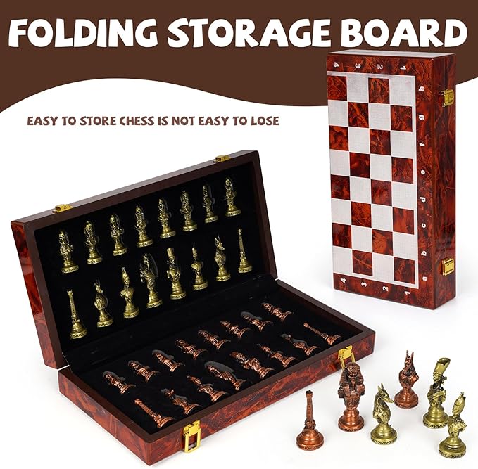 Large Egyptian Metal Chess Set for Adults – 15 Inch Foldable Wooden Chess Board with Weighted Antique Chess Pieces – Vintage Luxury Game Gift for CollectorsClassic Board Game