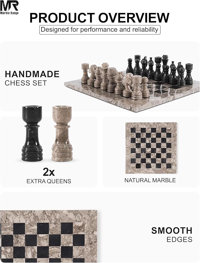 Marble Chess Set for Adults 12 Handmade Oceanic &amp Black Board Game with 32 Chess Pieces 2 Extra Queens &amp Storage Box Luxury Travel Game Elegant for Home Decor