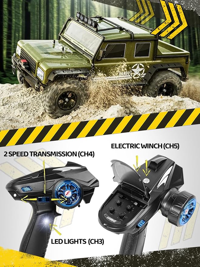 1:8 RC Cars for Adults – 4x4 Remote Control Car Rugged Brushed Motor Electric Off-Road RC Rock Crawler with 2-Speed Transmission Army Green All-Terrain RC Trucks Ready-to-Run RTR Set