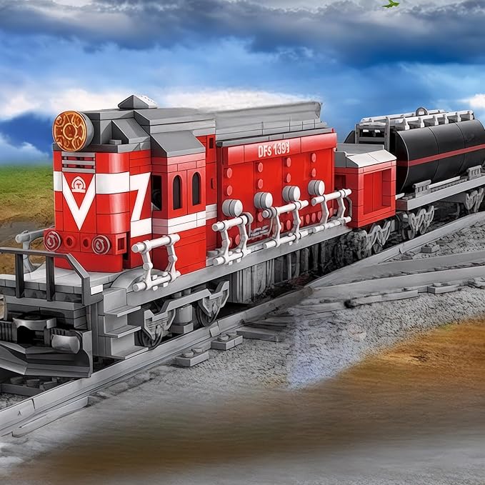 General Jim's Red Diesel Cargo Train Building Blocks Set - 1000+ Piece City Series with Automatic Running System Railway Tracks and Truck - L Gauge - Compatible w/Major Brick Brand Tracks - GJ-EBRT