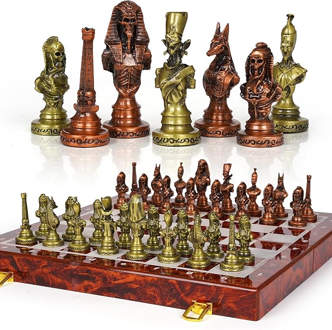 Large Egyptian Metal Chess Set for Adults – 15 Inch Foldable Wooden Chess Board with Weighted Antique Chess Pieces – Vintage Luxury Game Gift for CollectorsClassic Board Game