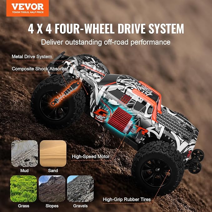 VEVOR Remote Control Car 1:14 Scale RC for Kids All Terrain 4WD Off-Road Monster Truck with 45 Wheelie &amp 2 Batteries 38 km/h High Speed Hobby Racing - Ideal Gift for 8+ Years Kids