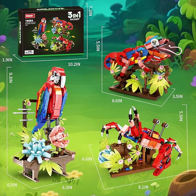 3 in 1 Animals Parrot Chameleon Crab Building Block Set Flowers Botanical Animal Building Toy Compatible with Lego Creative Construction Gift for Adults Kids Boys Girls 6+(538PCS)