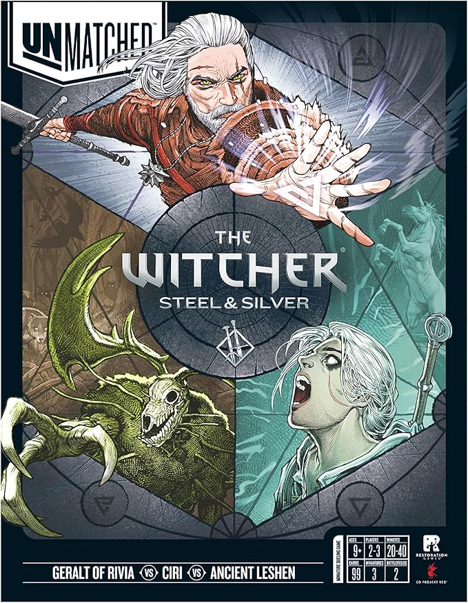 Restoration Games Unmatched The Witcher Steel &amp Silver - Strategy Board Game for Adults - Witcher Heroes Expansion with Double Sided Battlefield - 2-3 Players - 30 Min Playtime - Ages 9+