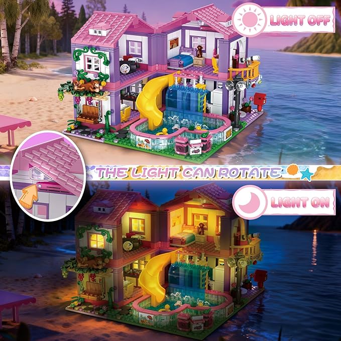 Pink Girls Summer Villa Friends Building Block Set Compatible with Lego Friends Educational 3 in 1 Construction Toy with Pool Slide Monkey and Swing for Kids Age 6 8 12 and Up 1026PCS