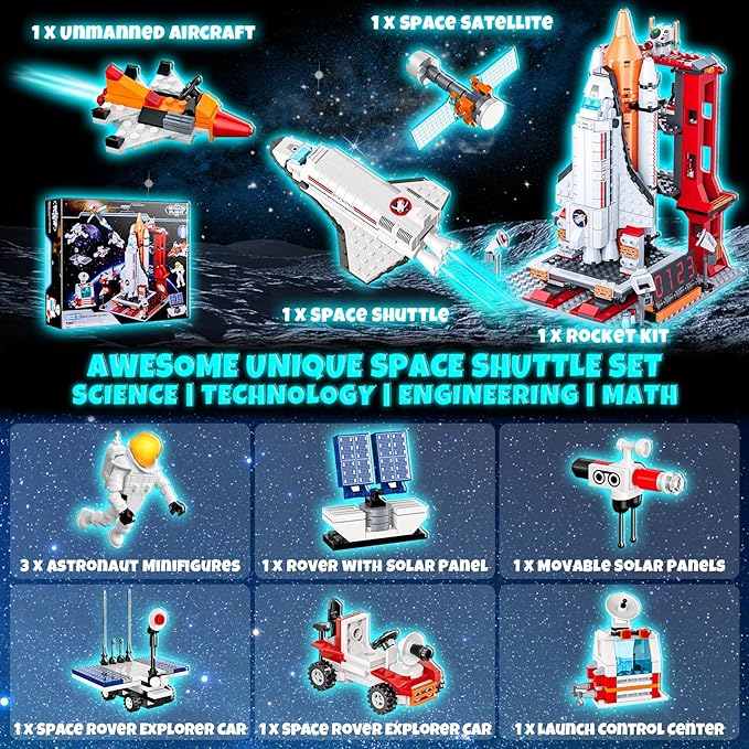 Space Exploration Shuttle Toys for 6 7 8 9 10 11 12 Year Old Kids Girls Boys 12-in-1 STEM Projects Rocket Building Toy Kit with 3 Astronauts Airplane Rocket Set Gift idea for Ages 6 + 885 Pcs