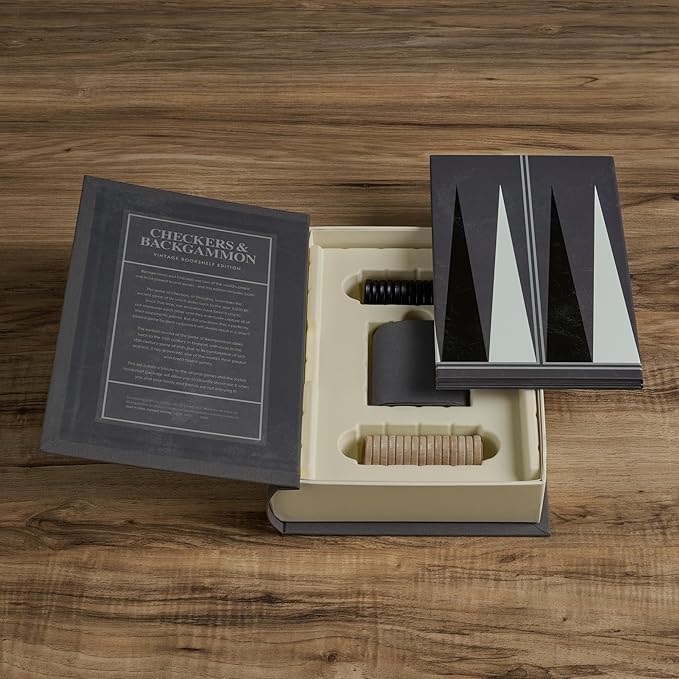 Checkers and Backgammon Vintage Bookshelf Edition by WS Game Company Linen Wrapped Book Box &amp Slipcase - Reversible Board Wooden Pieces - Checkers and Backgammon Sets for Adults &amp Kids Ages