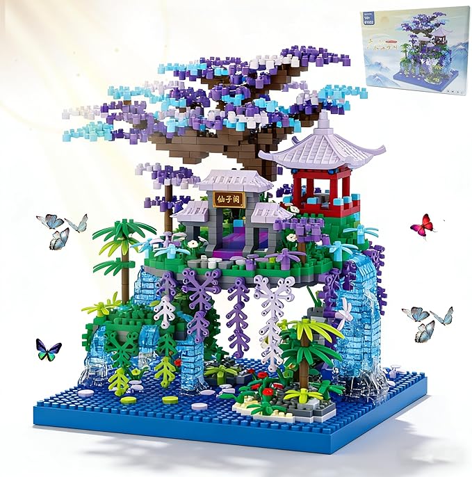 Beego Peach Blossom Pond Architecture Tree House Micro Building Kit Set Japanese Cherry Blossom Architecture Building Blocks Sakura Tree House Valentines Gift for Lover Adults(1746PCS)
