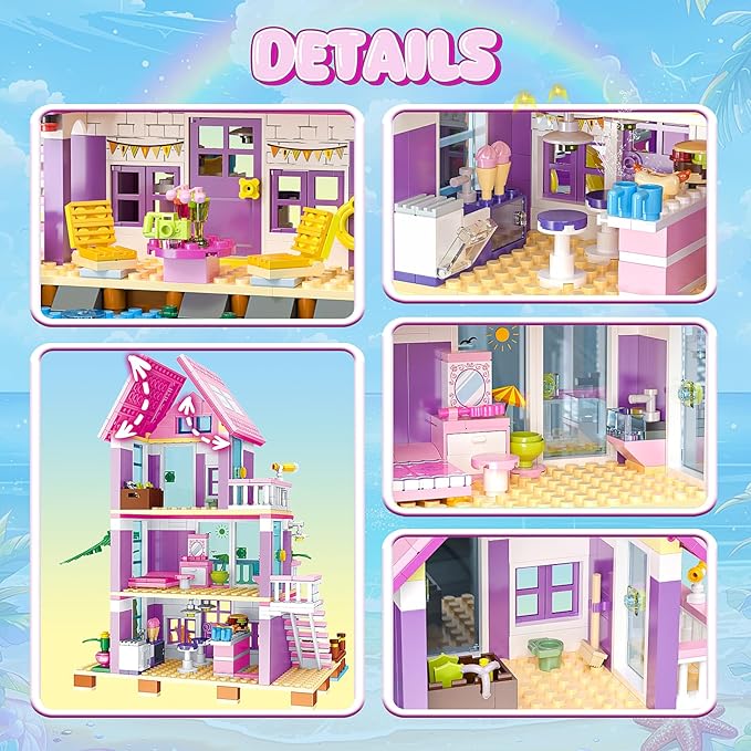 Beach House Building Sets Seaside Villa House Building Toys Compatible with Lego Friends Sets for Girls Age 8-12 Creative Holiday Cottage Building Kit Gift for Christmas Valentine's Day Party
