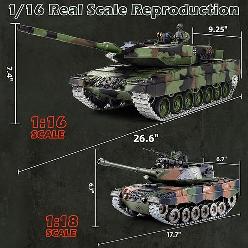 1/16 RC Tank Heng Long German Leopard 2 A6 RC Battle Army Toy with Smoke Sound Light 2.4G Remote Control Tank That Shoots BBS with Upgraded Metal Tracks Idler Sprocket Wheel Steel Gearbox