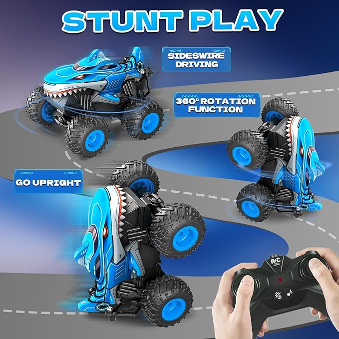 YongnKids Remote Control Car Shark Monster Trucks for Boys Age 4-7 2.4Ghz Rchargeable Rc Car with Music &amp Light360° Rotating Stunts RC Truck Toy for Kids 3-5 6 7 8-12 Birthday Easter Gift