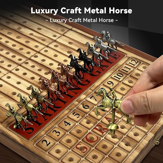 Large 23 inches Horse Racing Board Game with 11 Luxury Metal Horses Foldable Wood Horse Race Board Game with 2 Sets of Dice 2 Boxes of Cards for Parties and Gambling