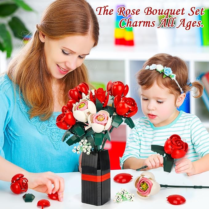 Flower Bouquet Building Set Artificial Roses Toy Building Set with Vase Building Blocks Flower Brick Toys for Home Office Decoratin Christmas Mother's Day or Valentine's Gifts 841 PCS