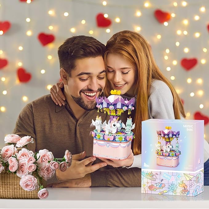 Music Box Building Toys Rotating Carousel DIY Building Block for Girls and Boys 6-12 Years Old 874 pcs STEM Construction Toy Valentine for Adults and Aged 8 9 10 11 12 Kids