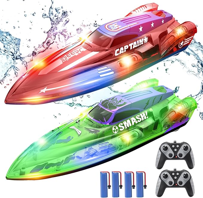 DEERC 2 Pack 13 inch Remote Control Boat for Kids 4 Batteries 2.4Ghz RC Racing Boat with LED Lights for Pools and Lakes Summer Water Toy Gift for Boys 8-12