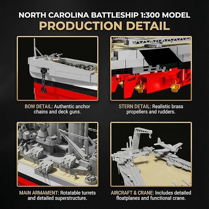USS North Carolina Battleship Building Blocks Set 2662 Pieces 1:300 Scale WW2 Naval Warship Model Military Battleship Construction Toy with Movable Guns Model for Adults &amp Teens 14+