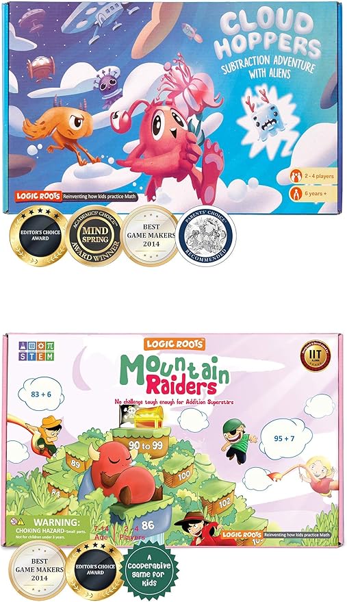 Addition and Subtraction Game - Fun Math Board Game for 6-8 Year Olds Easy to Play Educational Game for Kids at Home STEM Toy Gift for Girls &amp Boys (Cloud Hoppers + Moutain Raiders)