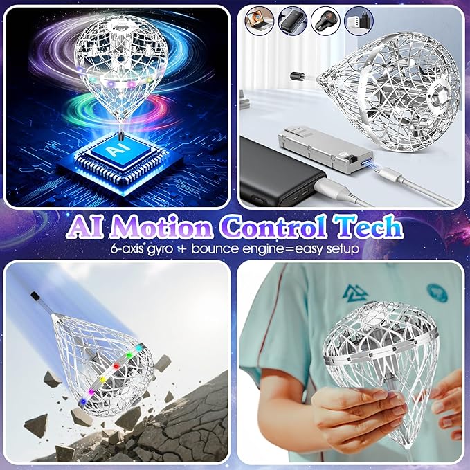 2025 Flying Orb Ball Cosmic Globe 3D Bouncing &amp Hover Spinning Floating Ball Toy with Dazzling RGB Lights Outdoor Ball Cool Toys Gift for Boys Girls Ages 6 7 8 9 10+(Silver)