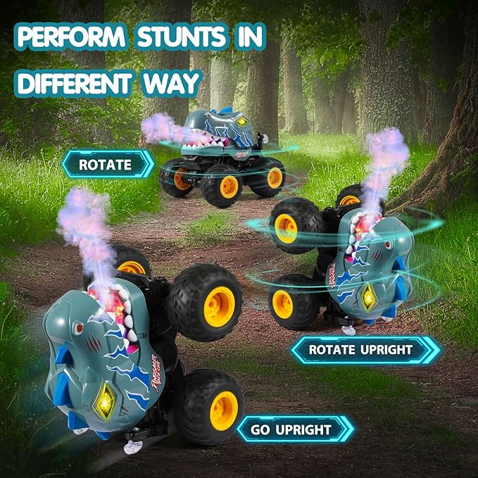 DYODYORC Remote Control Car 2.4Ghz All Terrain Dinosaur Monster Truck Toys RC Truck with Spay Music 360 Stunt Capable All Included Ready to Run Toy Gifts for Boys and Girls (Gray)