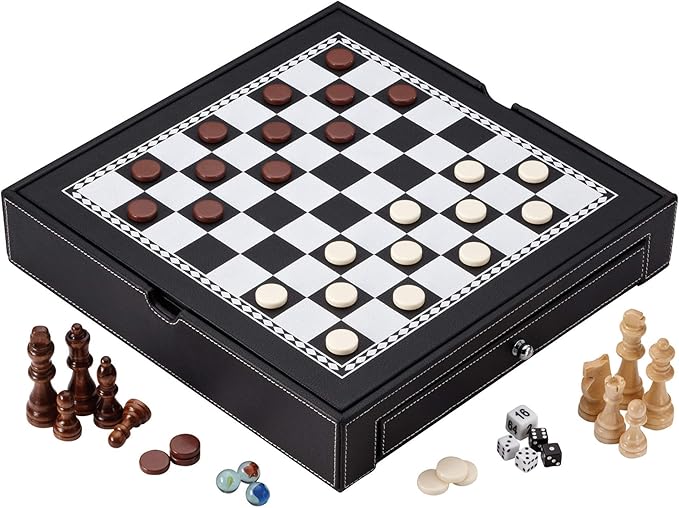 Mainstreet Classics Broadway 5-in-1 Combo Board Game Set: Chess Checkers Backgammon Chinese Checkers and Dice Games