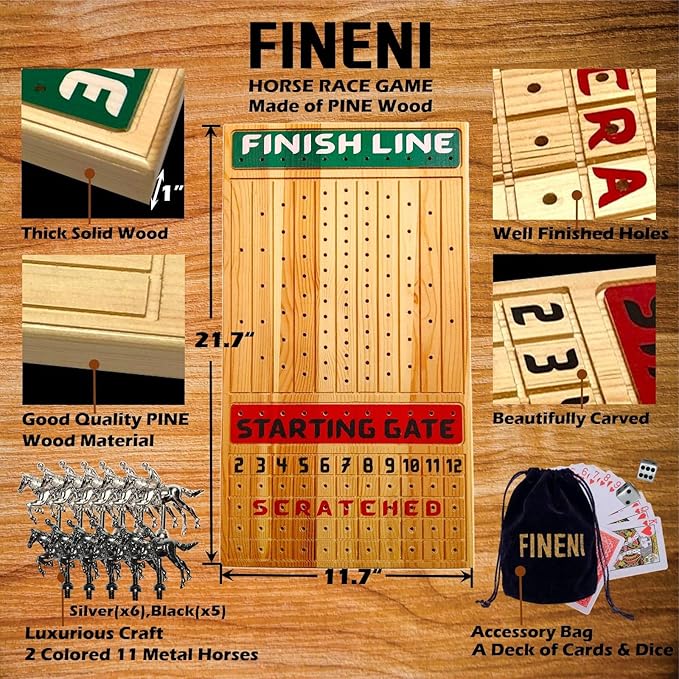 Horse Racing Game for Adults Horse Race Board Game with 11 Luxurious Metal Horses (Silver Black) 22” Pine Wood Horse Race Game Board Dice &amp Card Included (Log Color2)