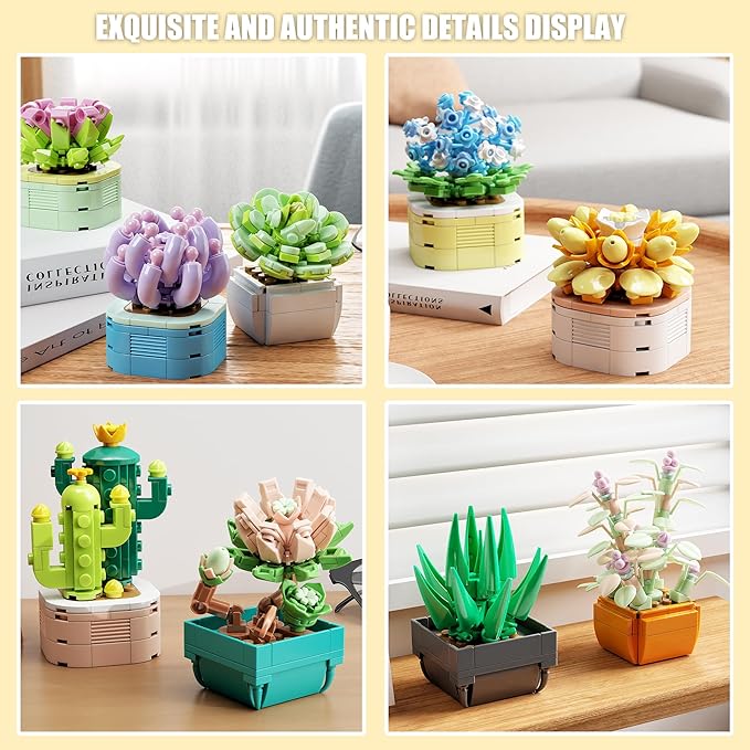 9 in 1 Tiny Flowers Succulents Artificial Plant Set-Creative Botanical Building Block Toy Botanical Collection for Office&ampHome Decor Birthday Gift for Adults and Kids 8-12(832 PCS)