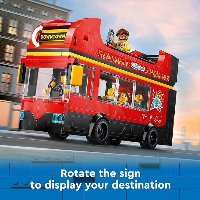 LEGO City Red Double-Decker Sightseeing Bus Toy Vehicle Set Birthday Gift for 7 Year Olds for Kids Double-Decker London Bus Toy 5 Characters Including a Baby and Stroller 60407
