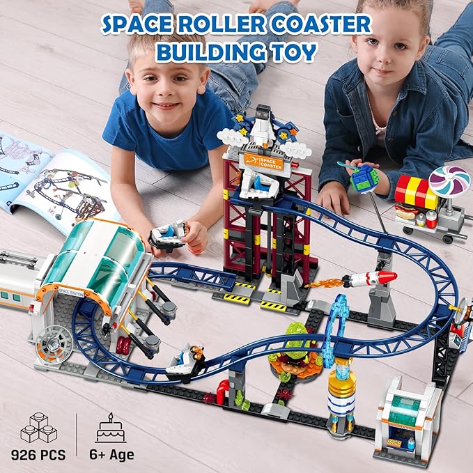 HOGOKIDS Space Roller Coaster Building Toy 926PCS Coaster Building Set Features Lift Platform Satellites Rocket Buildable Space Rollercoaster Adventure Park for Adults Kids Girl Boy Ages 6+years old