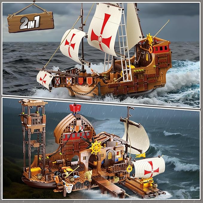 Santa Maria Ship Building Set with LED Lights 2 in 1 Pirate Ship House Wharf Building Block Kit 1253 PCS Adventure Merchant Ship Model Building Toy Gift for Adults Teens Boys Girls Ages 12+