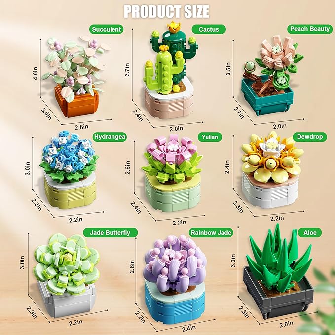 9 in 1 Tiny Flowers Succulents Artificial Plant Set-Creative Botanical Building Block Toy Botanical Collection for Office&ampHome Decor Birthday Gift for Adults and Kids 8-12(832 PCS)