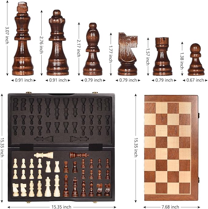 Chess Magnetic Wooden Chess Set 15 Unique Chess Board Game with Chess Pieces Storage Slots Tournament Portable Folding Travel Chess Sets for Kids Adults Beginner and Pros 2 Extra Queens