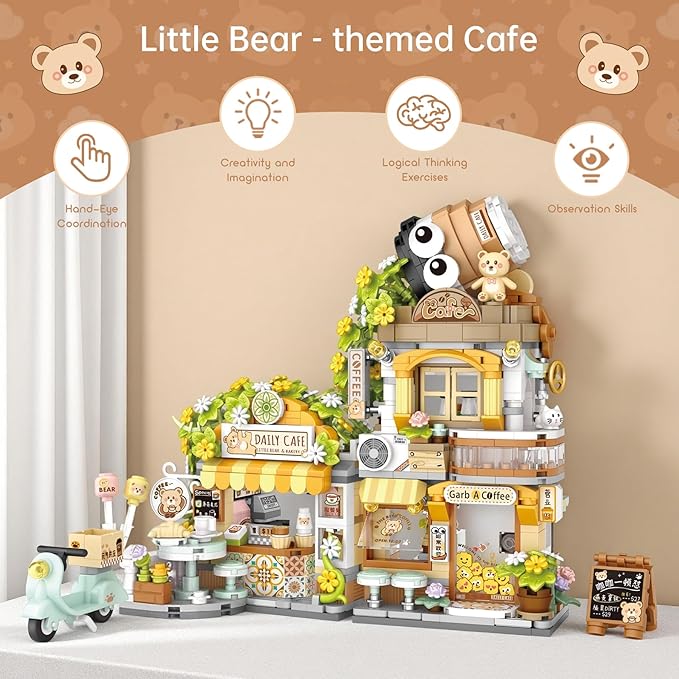 Creative Brick Box Street View-Coffee Shop Mini Building Toy Animals Interactive for Kids Simulation Architecture Toy for Girls and Boys Ages 6+ - Gift Easter Birthday Christmas (1077 PCS)