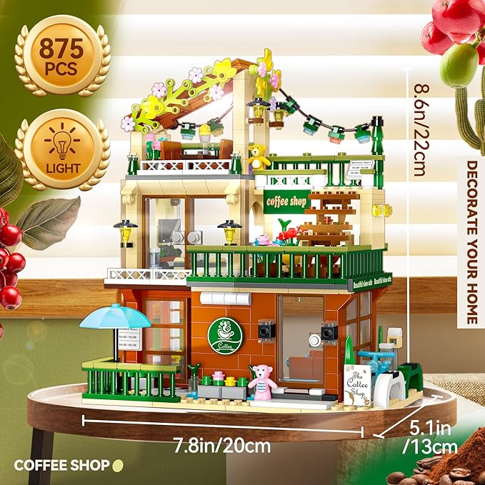 3 in 1 Street View Coffee Shop City Building Set Compatible with City House Modular Simulation Architecture Construction Toy with LED Lights Gift for Adults and Girls Kids Aged 8+(875 PCS)