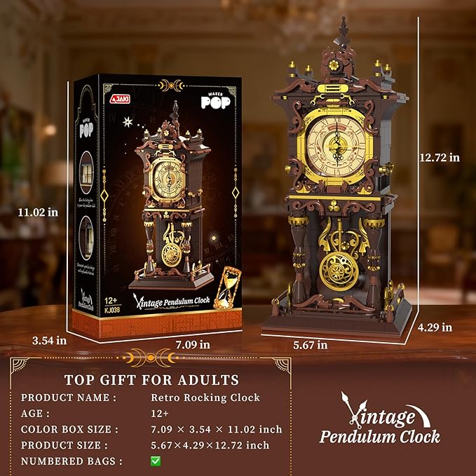Vintage Swing Clock Building Blocks Set Real Working Moving Pendulum &amp Rotating Dial Mechanical Building Blocks Toys Gift for Adults Teens Girls Boys 12+ Retro Steampunk Home Decor