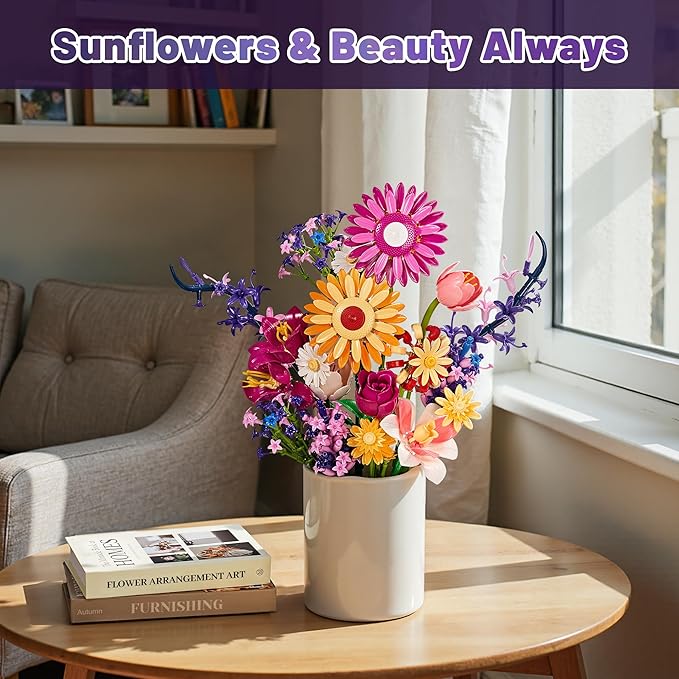 Flowers Bouquet Building Set Gift for Valentine's Day for Her Faker Flower Compatible with Lego Flowers Botanical Collection for Adults Women Girl Wife Home Office Shelf or Room Decor