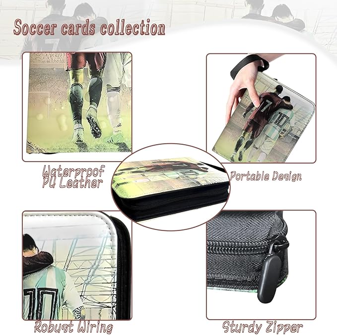 Soccer Card Binder - 900 Capacity 9-Pocket Trading Card Album 3 Ring Card Holder Binder Waterproof PU Leather Zip Closure Perfect Christmas Birthday Gift for Kids &amp Collectors